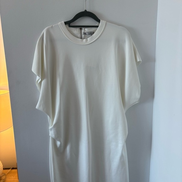 Zara Scuba Effect Round Neck Ruched Waist White Midi Dress Size M NWT - Picture 11 of 13